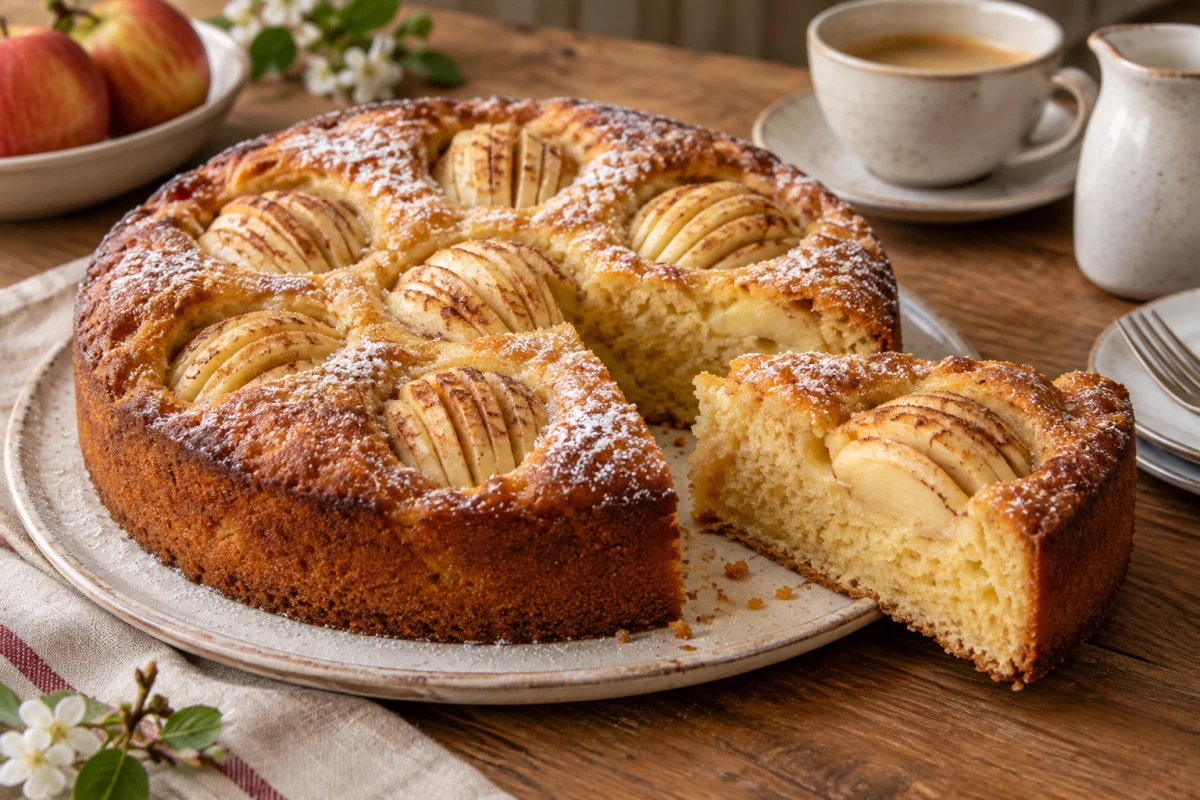Frisch gebackener Apfelkuchen mit Zimtzucker bestäubt auf einem Holzbrett