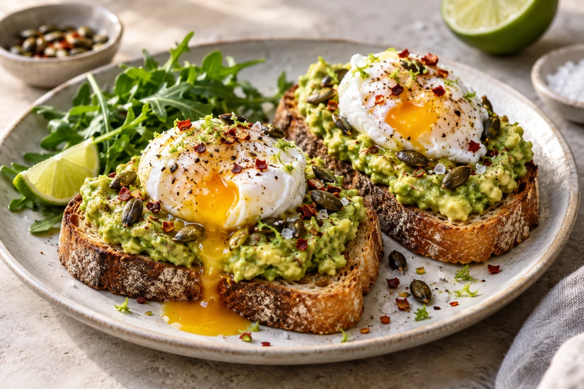 Avocado Toast auf Sauerteigbrot mit pochiertem Ei und Chiliflocken