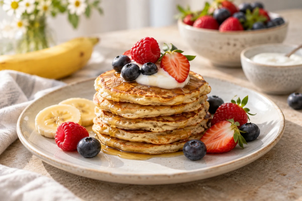 Stapel fluffiger Bananenpfannkuchen mit frischen Beeren und Ahornsirup