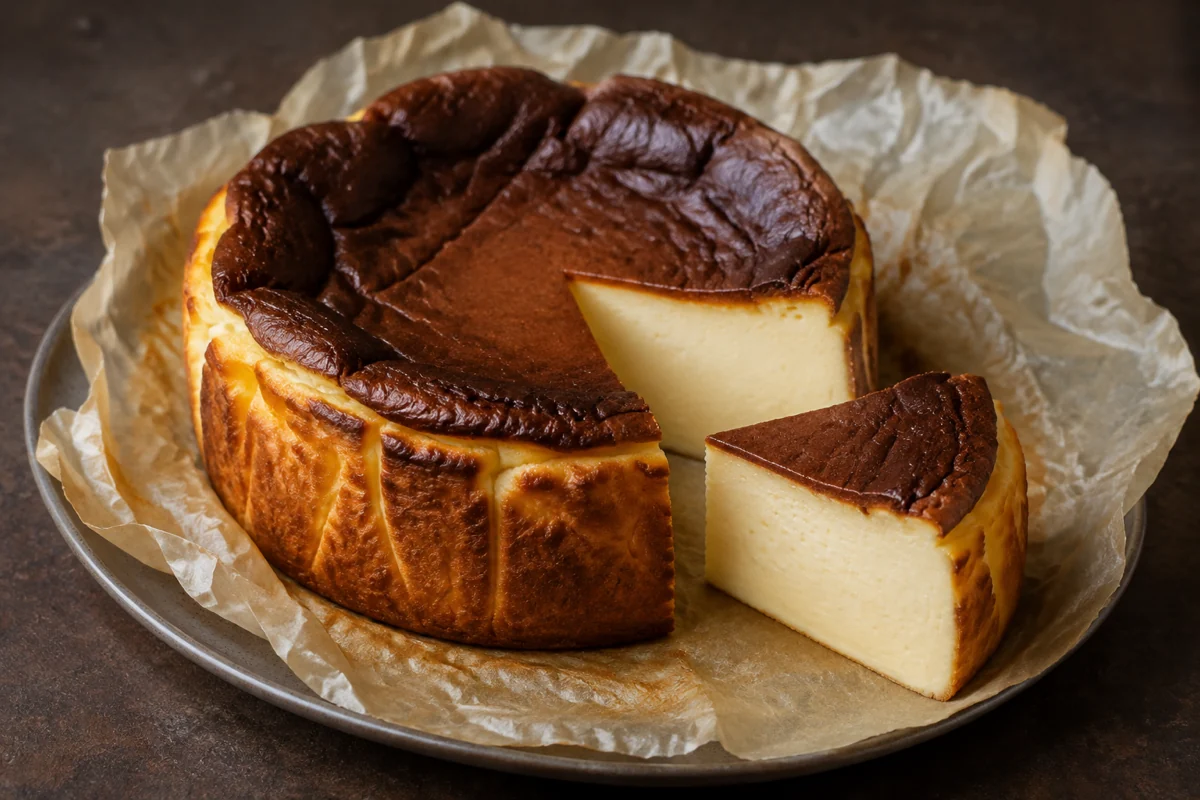Hoher baskischer Käsekuchen mit mahagonibrauner Oberfläche und einem herausgeschnittenen Stück mit cremigem Kern