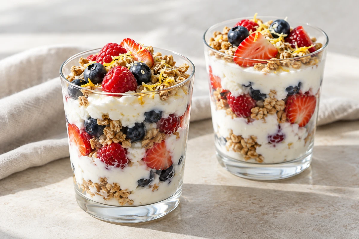 Beeren-Quark im Glas mit Granola und frischen Beeren