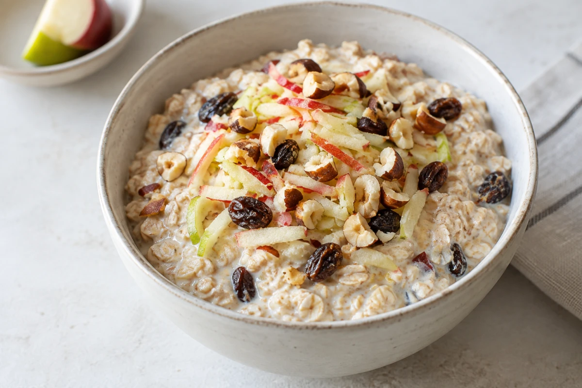 Cremiges Bircher Müsli mit grob geriebenem Apfel, gerösteten Haselnüssen und sichtbaren Rosinen in einer hellen Schale