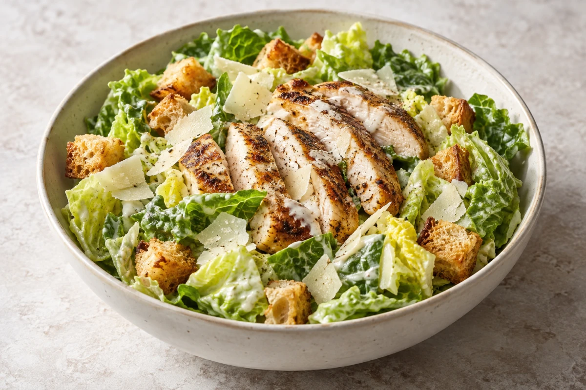 Caesar Salad mit geschnittenem goldbraunem Hähnchen, Römersalat, Knoblauch-Croutons, Parmesanspänen und cremigem Dressing