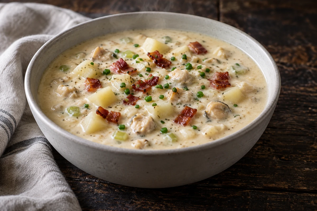 Cremige Clam Chowder mit sichtbaren Venusmuscheln, Kartoffelwürfeln, knusprigem Speck und Schnittlauch in einer hellen Schale
