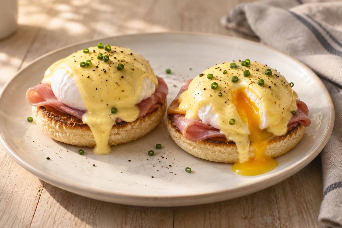 Zwei Eggs Benedict mit Schinken, pochierten Eiern, goldgelber Hollandaise und Schnittlauch auf gerösteten English-Muffin-Hälften