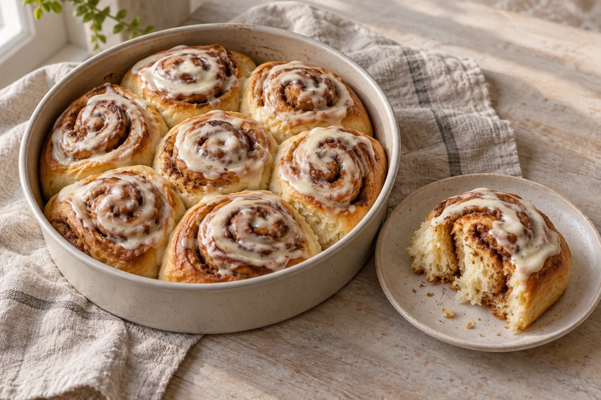 Acht goldbraune Zimtschnecken mit dünnem Frischkäse-Frosting, sieben in einer runden Form und eine aufgebrochen auf einem kleinen Teller
