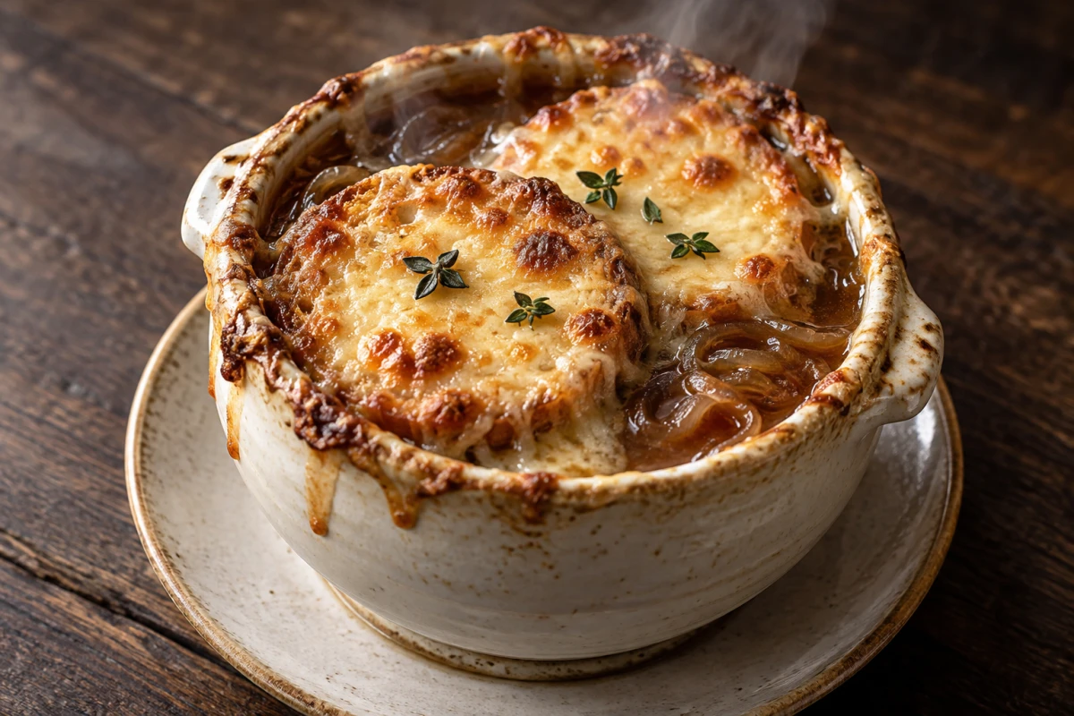 Französische Zwiebelsuppe in einer hellen ofenfesten Schale mit zwei goldbraun überbackenen Baguettescheiben, Gruyère und Thymian