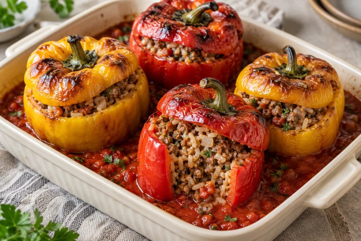 Vier gegarte rote und gelbe Paprika mit Rinderhack-Reis-Füllung in kräftiger Tomatensauce