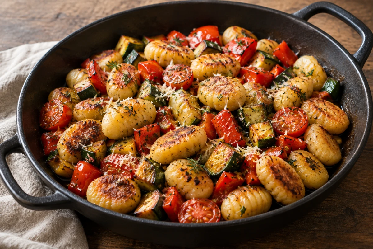 Bunte Gnocchi-Gemüse-Pfanne mit Paprika, Zucchini und Tomaten