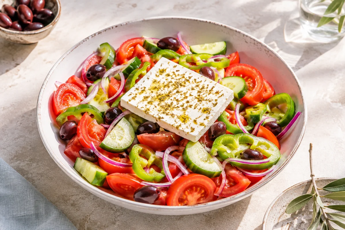 Griechischer Bauernsalat mit Tomaten, Gurke, grüner Paprika, roten Zwiebeln, Kalamata-Oliven und einem ganzen Stück Feta