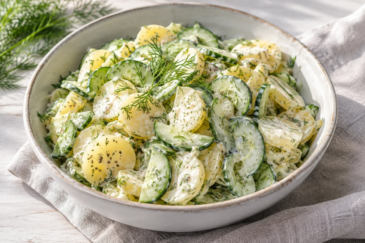 Heller Kartoffelsalat mit Gurkenscheiben und Dill in einer Schüssel