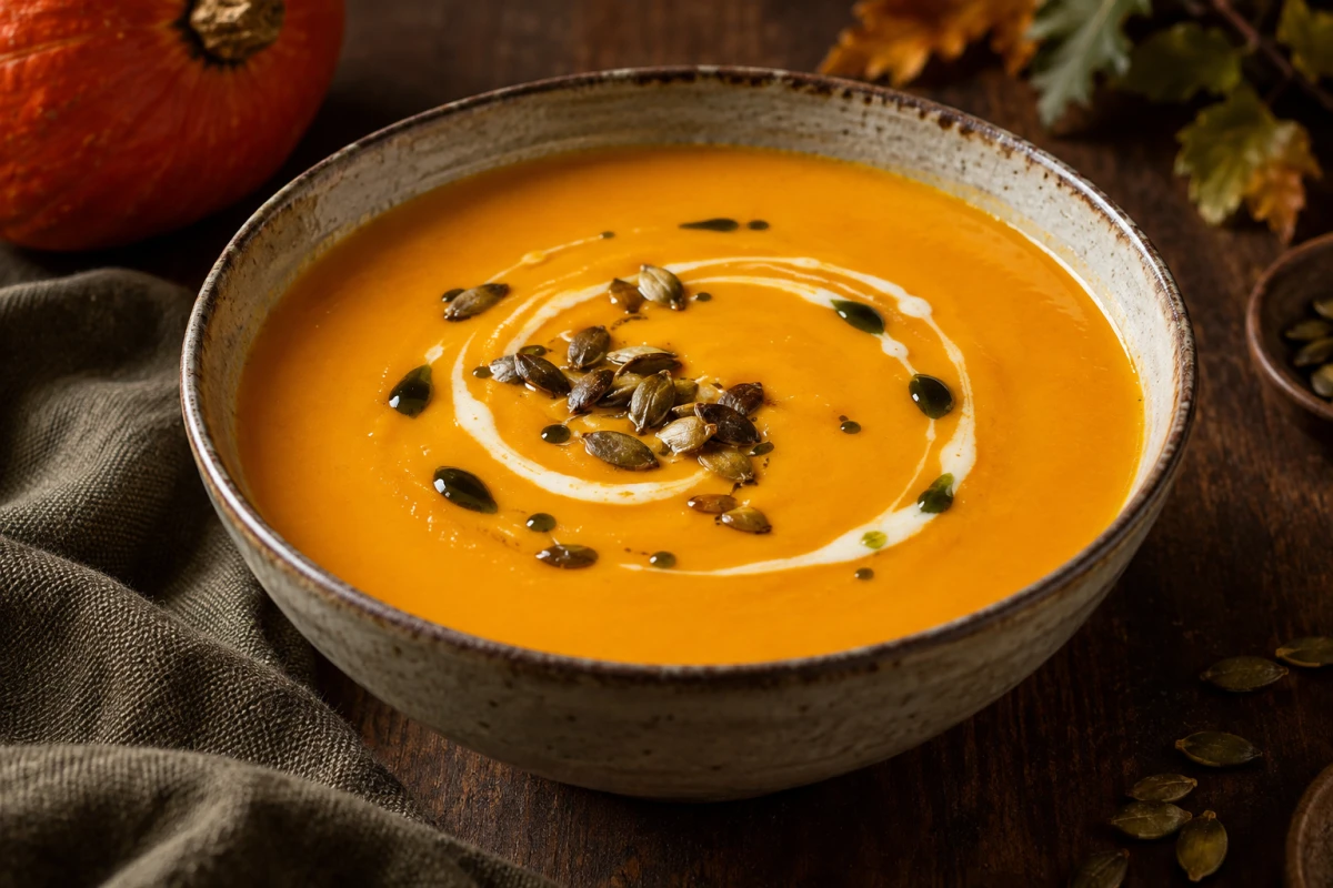 Cremige orange Hokkaido-Kürbissuppe mit Sahnewirbel, gerösteten Kürbiskernen und Kürbiskernöl