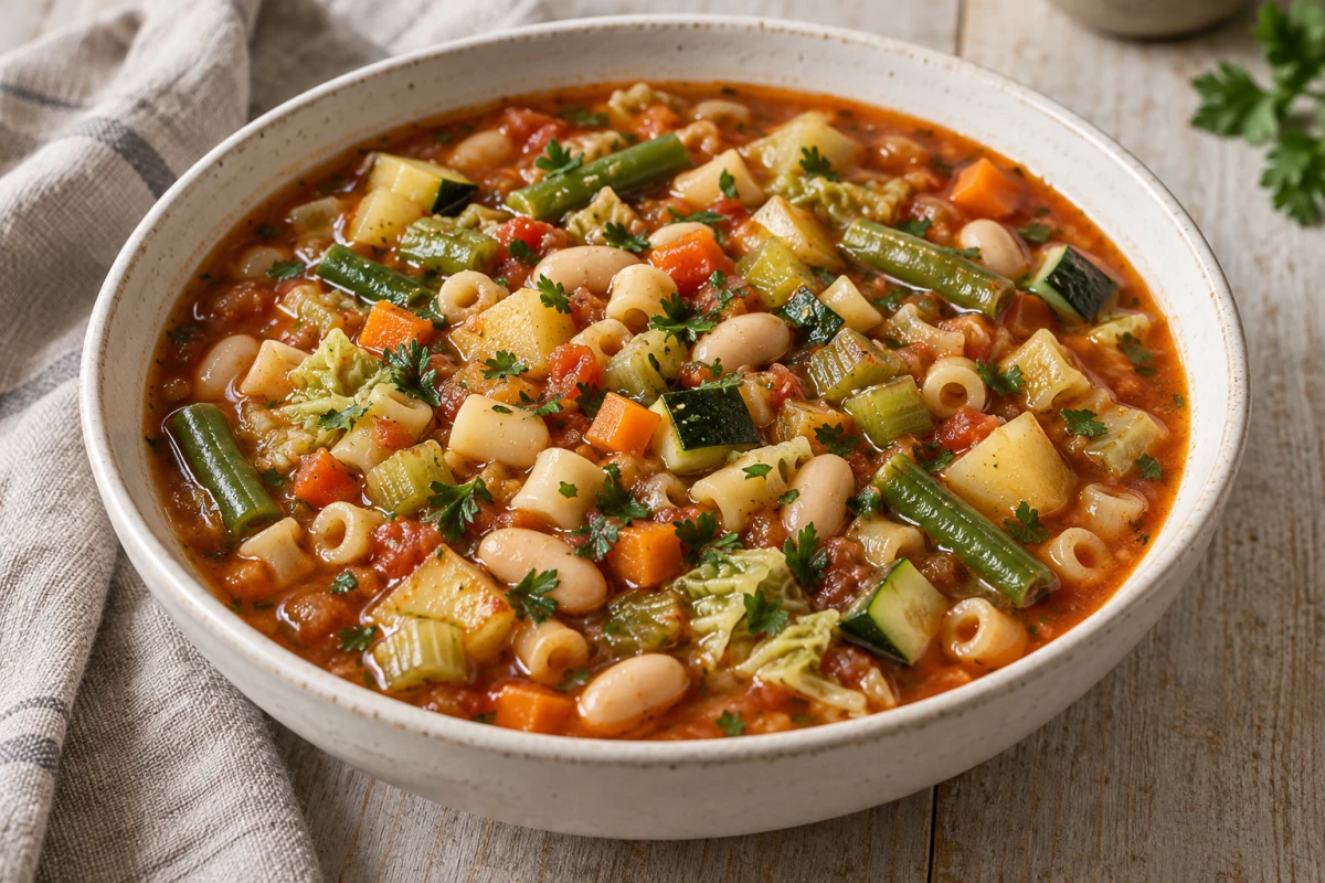 Italienische Minestrone mit Cannellini-Bohnen, kleiner Pasta, Kartoffeln und buntem Gemüse in einer hellen Schale