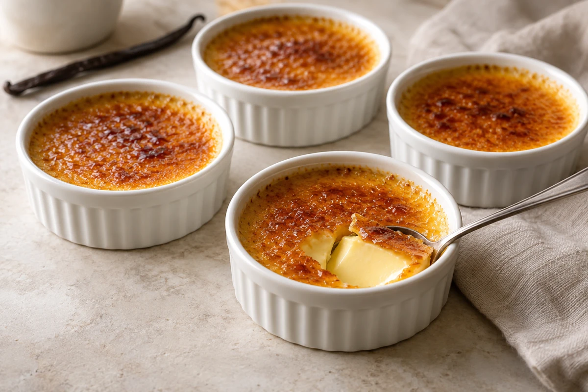 Vier Vanille-Crème-brûlées mit dünner bernsteinfarbener Karamellkruste in weißen Keramikschälchen
