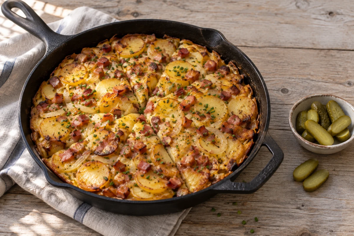 Klassisches Bauernfrühstück mit goldbraunen Kartoffelscheiben, Speck, gestocktem Ei, Schnittlauch und Gewürzgurken in einer dunklen Pfanne