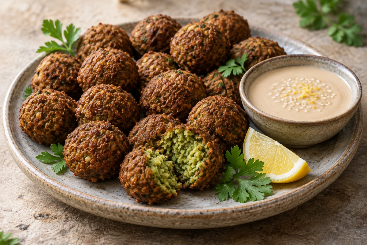 16 golden falafel with herb-green interiors and creamy lemon tahini sauce