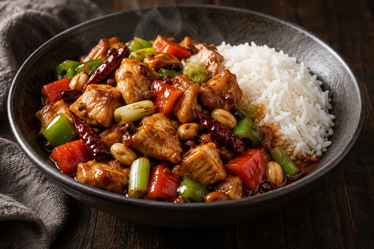 Glänzendes Kung-Pao-Hähnchen mit roter und grüner Paprika, Erdnüssen, getrockneten Chilis und Frühlingszwiebeln neben Jasminreis