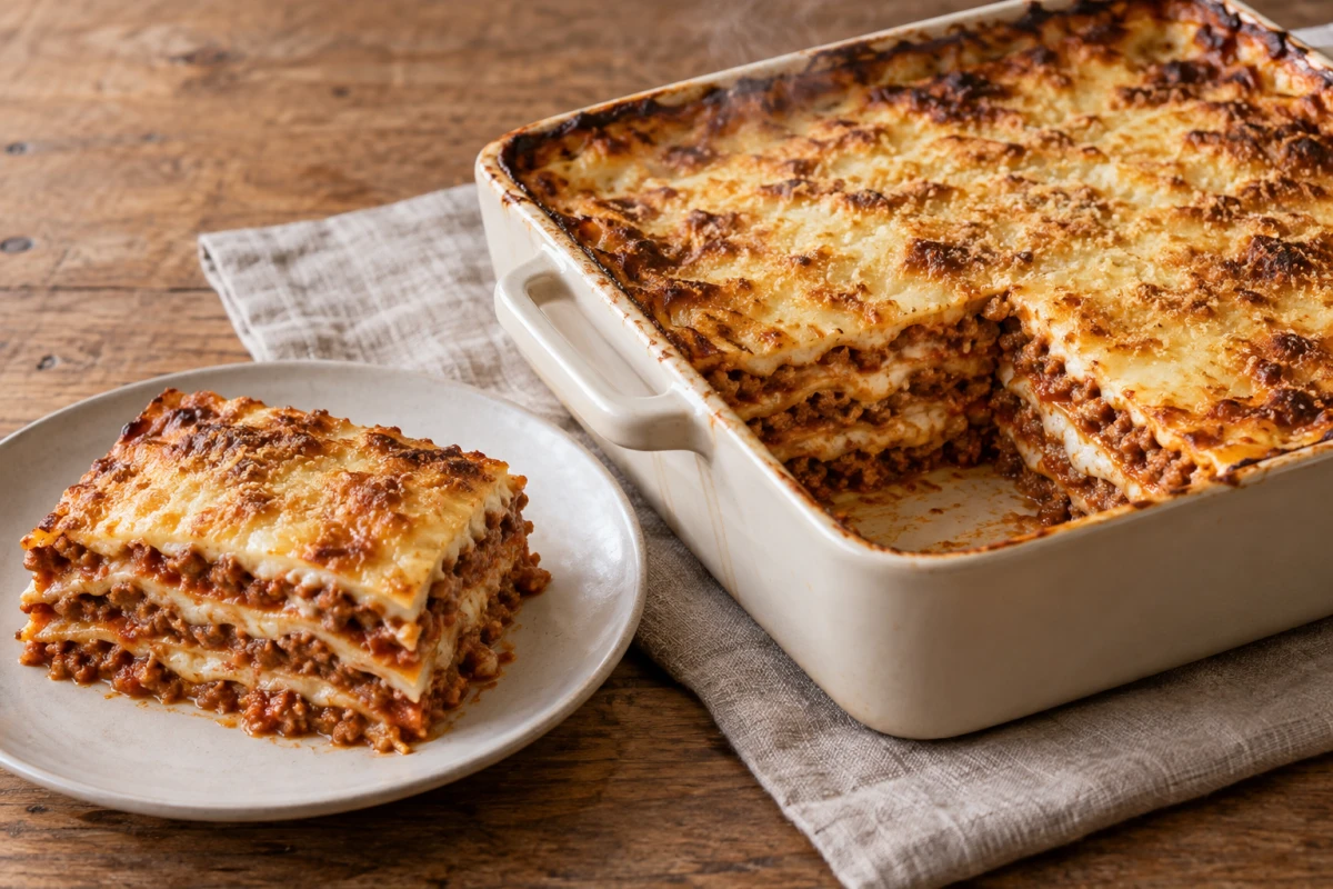 Goldbraune Lasagne Bolognese mit sichtbaren Pasta-, Rinderragù- und Béchamelschichten in einer rechteckigen Auflaufform