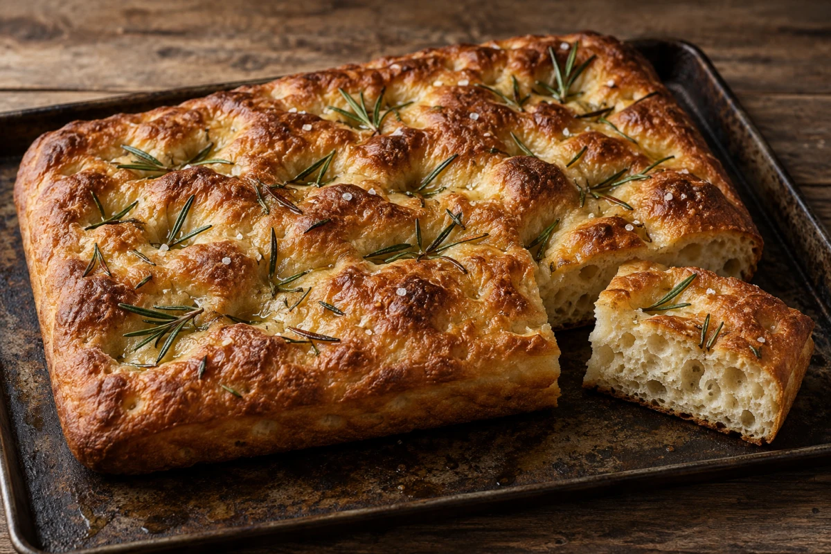 Rechteckige goldbraune Focaccia mit tiefen Mulden, Rosmarin und Meersalz; ein angeschnittenes Stück zeigt die luftige Krume