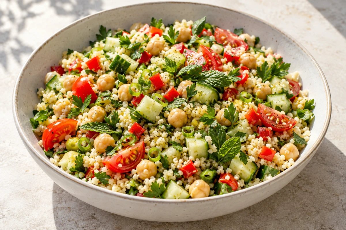 Mediterraner Couscous-Salat mit Kichererbsen, Tomaten, Gurke, Paprika und frischen Kräutern