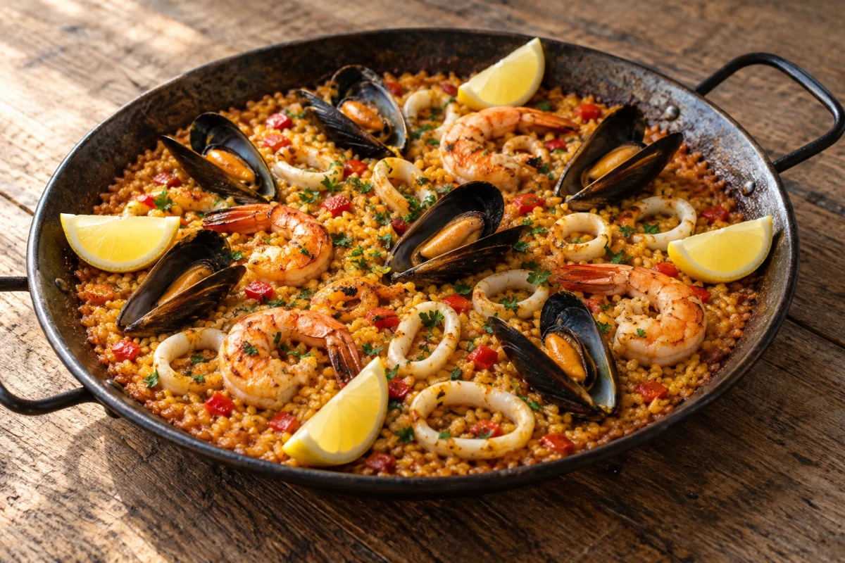 Meeresfrüchte-Paella mit Safranreis, geöffneten Miesmuscheln, gebratenen Garnelen, Tintenfischringen, Zitrone und Petersilie