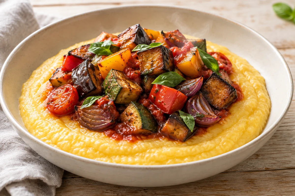 Geröstete Ratatouille aus Aubergine, Zucchini, Paprika und Tomaten auf cremiger goldgelber Polenta in einer hellen Schale