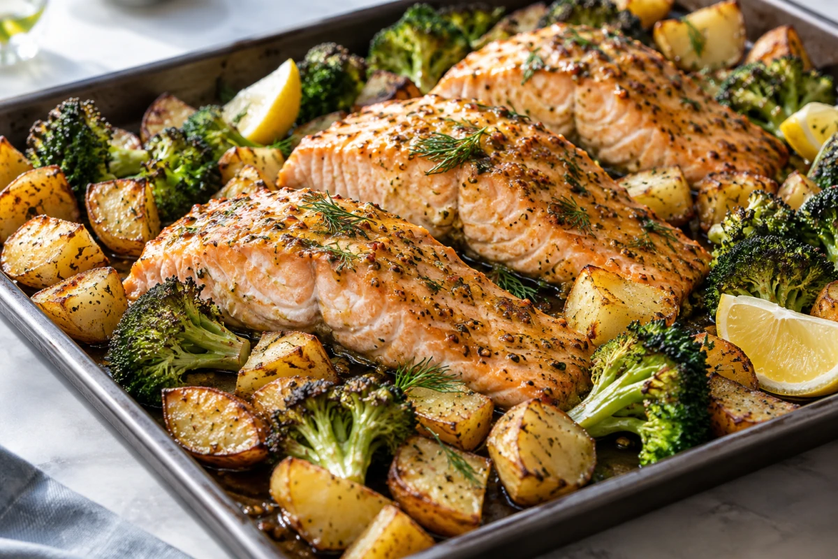 Gegarter Ofenlachs mit goldenen Kartoffeln, geröstetem Brokkoli, Dill und Zitronenspalten