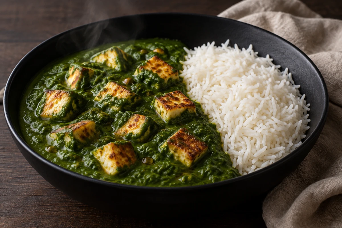 Cremig grünes Palak Paneer mit goldbraunen Käsewürfeln neben lockerem weißen Basmatireis in einer dunklen Schale