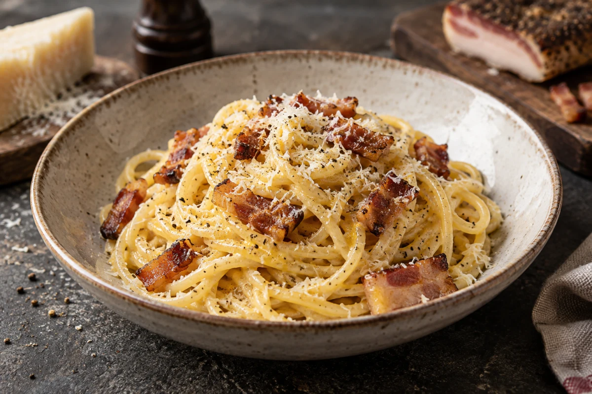 Cremige Pasta Carbonara mit knusprigem Guanciale und Pecorino