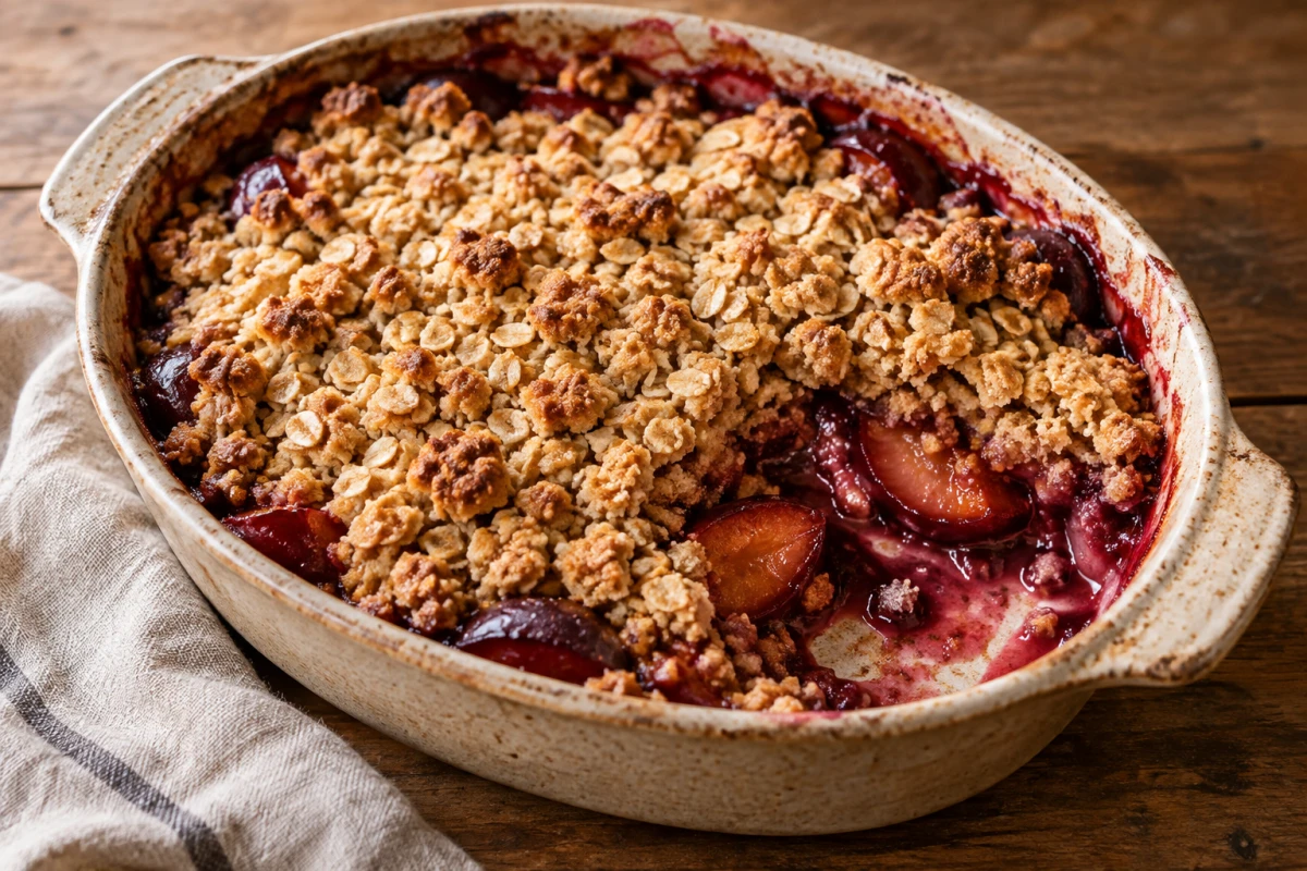 Warmer Pflaumen-Crumble mit goldenen Haferstreuseln in einer Form