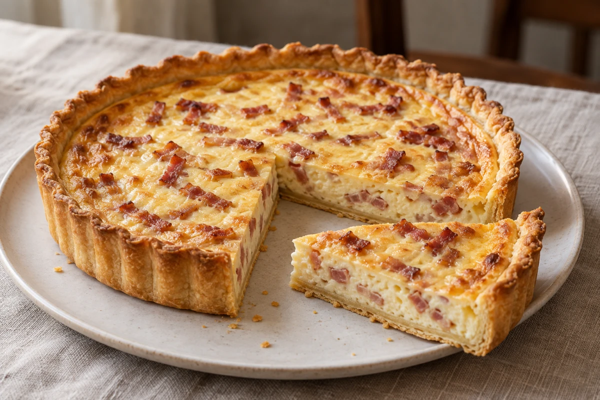Goldbraune Quiche Lorraine mit sichtbaren Speckstückchen und cremiger Schnittfläche auf einer hellen Keramikplatte