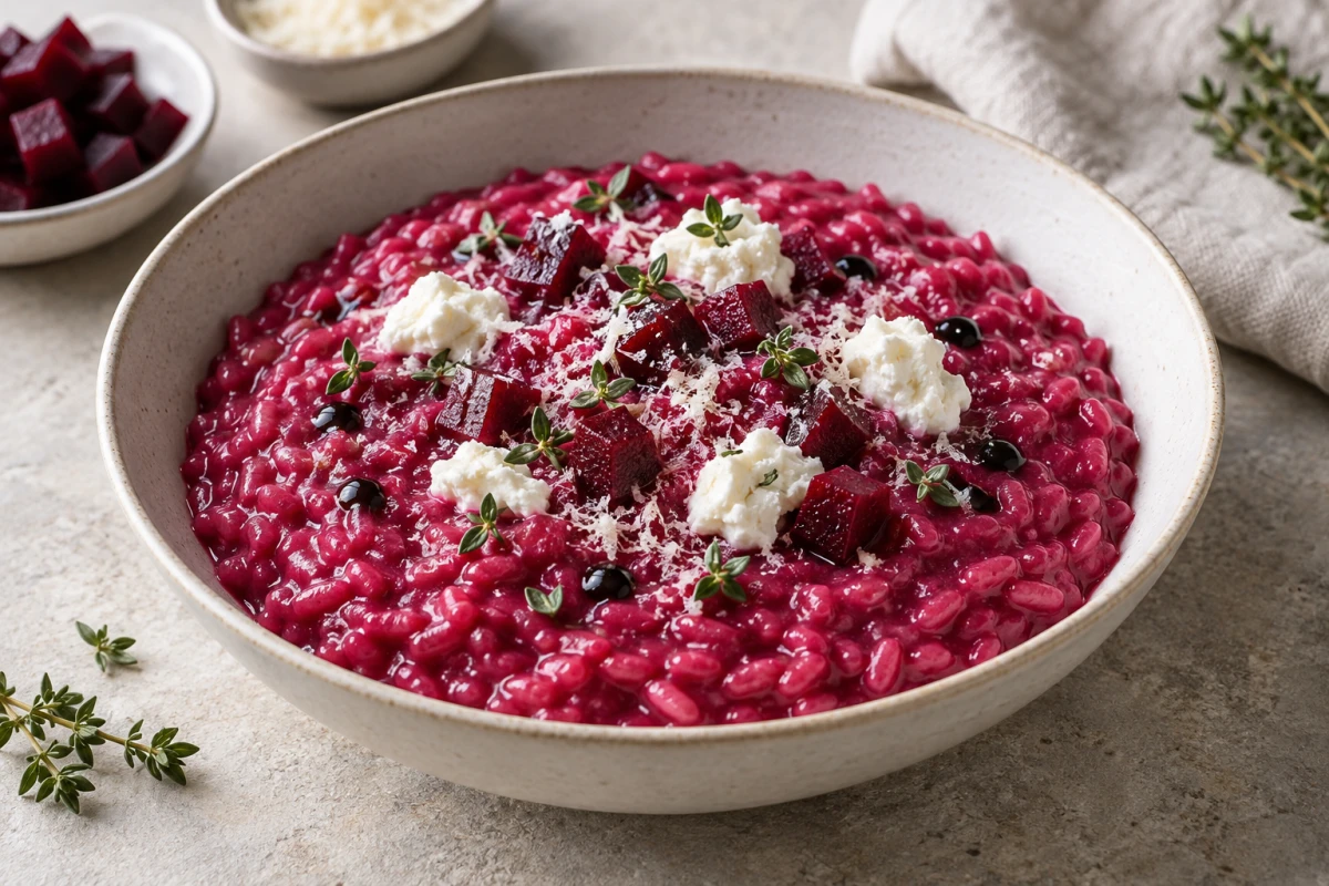 Cremiges magentafarbenes Rote-Bete-Risotto mit Ziegenkäse, Rote-Bete-Würfeln, Thymian und Balsamico