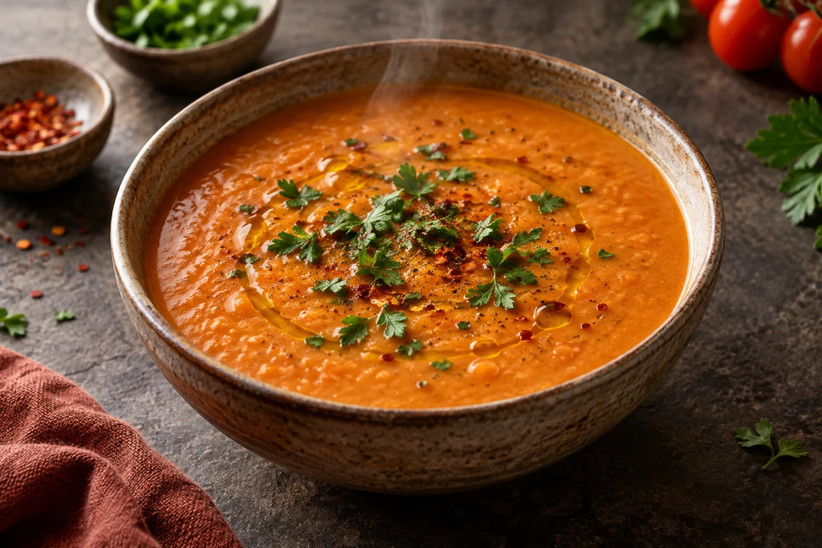 Dampfende rote Linsensuppe in einem Tonkrug garniert mit Chiliflocken und Petersilie