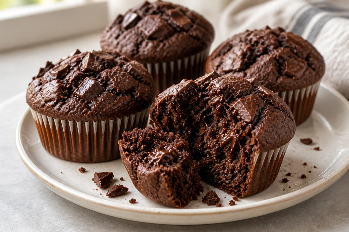 Dunkle Schoko-Muffins mit Schokostückchen und saftiger lockerer Krume auf einem hellen Teller
