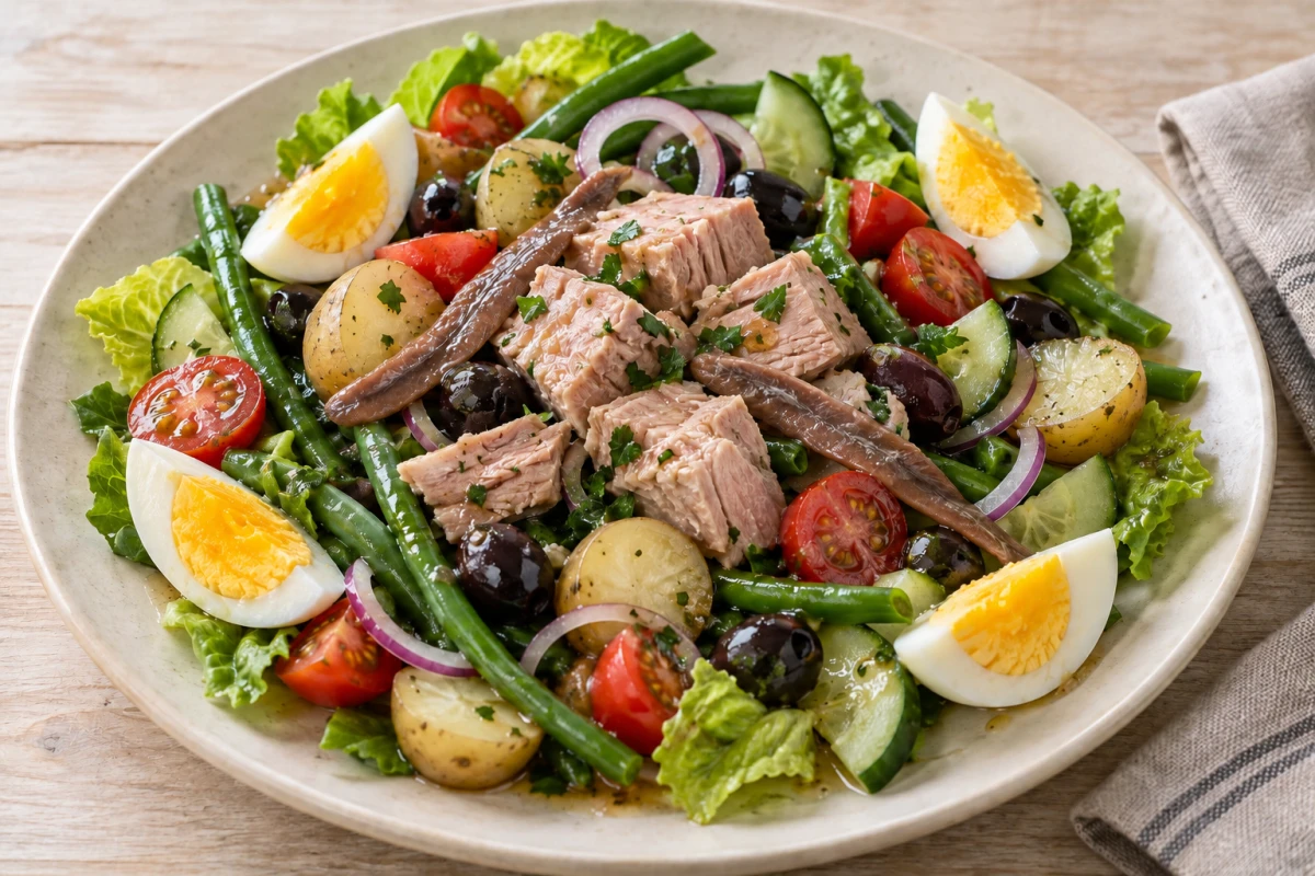 Salade Niçoise mit Thunfischstücken, geviertelten Eiern, Kartoffeln, grünen Bohnen, Tomaten, Gurke, Oliven und Sardellen