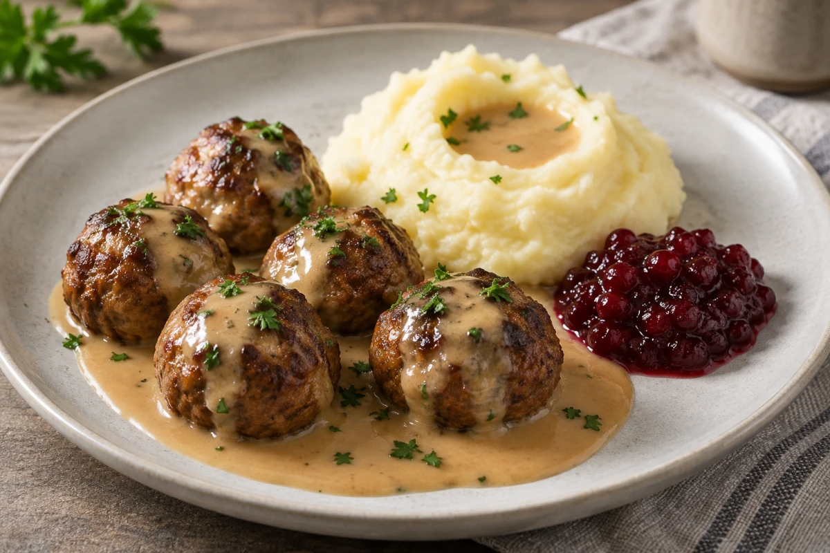 Fünf schwedische Köttbullar mit Kartoffelpüree, cremiger Rahmsauce, Preiselbeeren und Petersilie auf einem hellen Teller