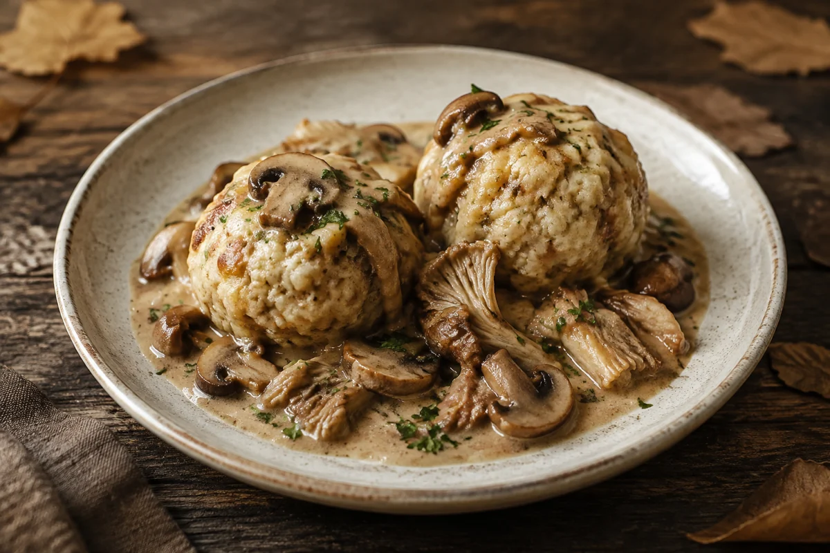 Zwei Semmelknödel mit cremigem Pilzragout, gebräunten Champignons, Austernpilzen und Petersilie
