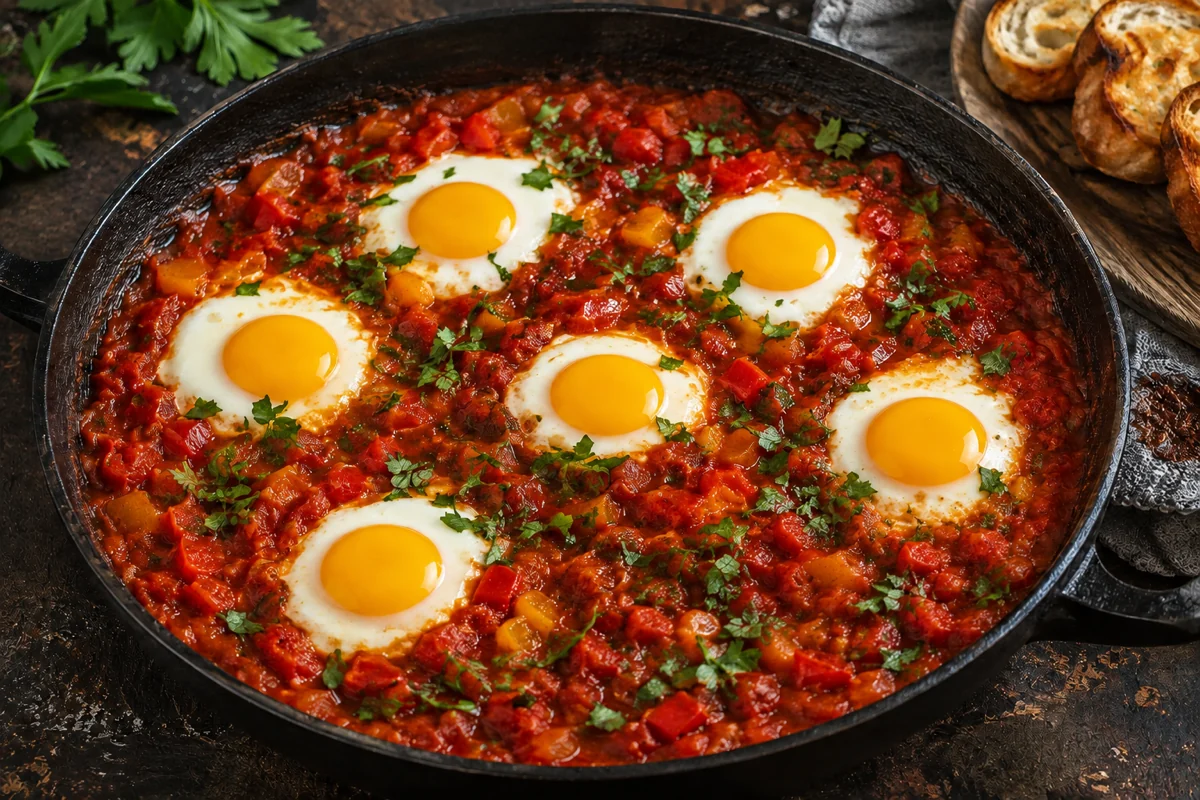 Shakshuka mit sechs Eiern in sämiger Tomaten-Paprika-Sauce, bestreut mit frischen Kräutern