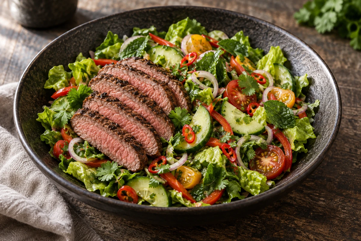 Thai-Rindfleischsalat mit rosé gegartem Steak, Gurke, Tomaten, roter Paprika, Romanasalat, Koriander und Minze