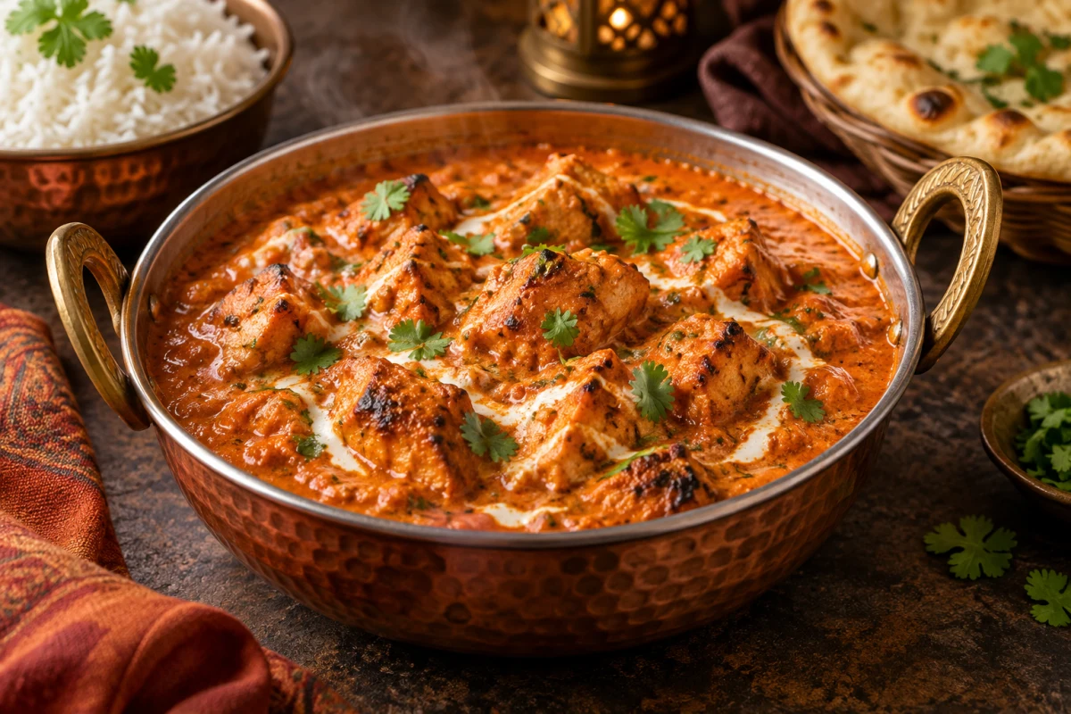 Hähnchen Tikka Masala in rötlicher Currysauce mit frischem Koriander und Naan