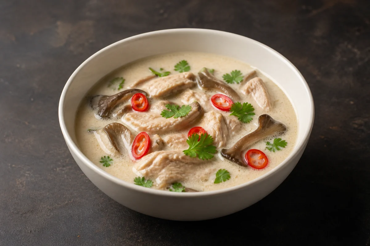 Cremig helle Tom Kha Gai mit Hähnchenstreifen und Austernpilzen, garniert mit roten Chiliringen und Koriander