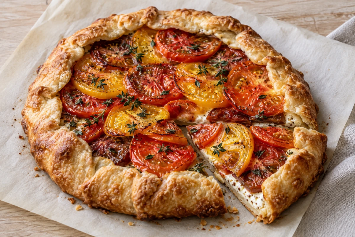 Rustikale Tomaten-Galette mit goldbraunem Rand und frischen Kräutern
