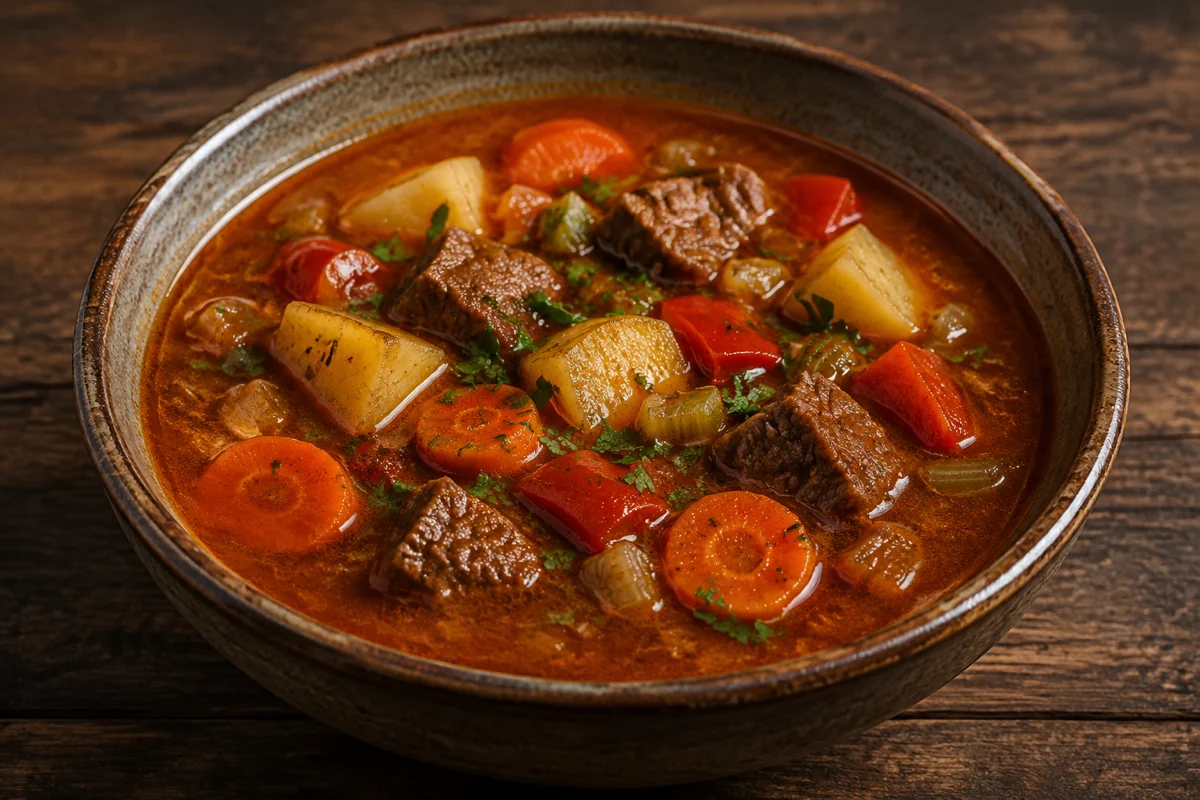 Rotbraune Gulaschsuppe mit Rindfleischwürfeln, Kartoffeln, Paprika, Karotten, Sellerie und Petersilie