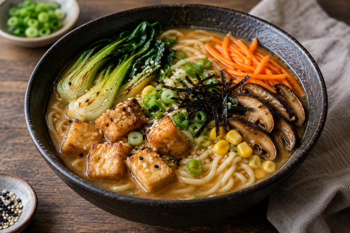 Vegan miso ramen with golden tofu, pak choi, shiitake, and corn in a dark ceramic bowl