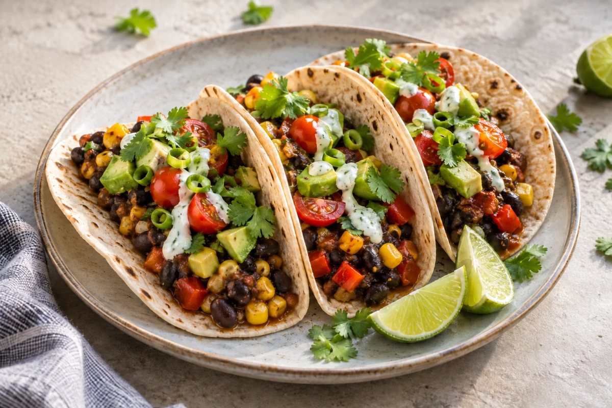 Drei vegetarische Tacos mit schwarzen Bohnen, Mais, Paprika, Avocado-Tomaten-Salsa und Limettenjoghurt
