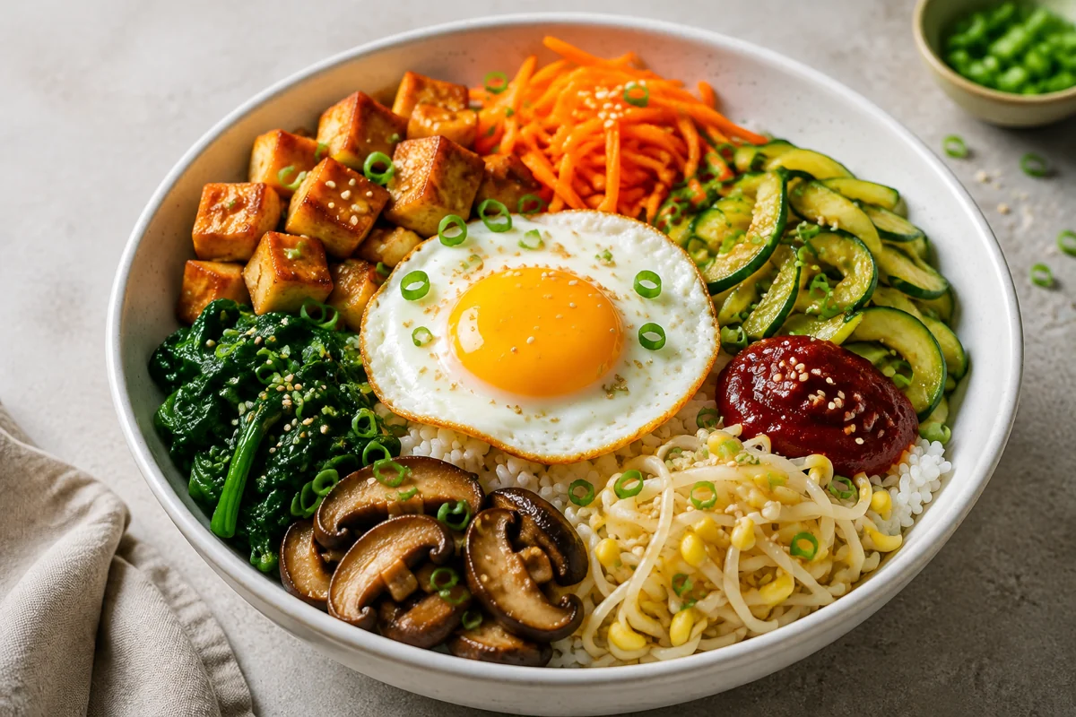 Vegetarisches Bibimbap mit Reis, knusprigem Tofu, buntem Gemüse, Spiegelei und Gochujang-Sauce