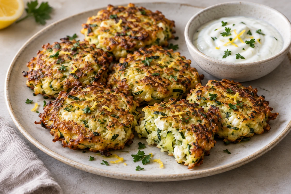 Goldbraune Zucchini-Feta-Puffer mit Joghurt-Dip